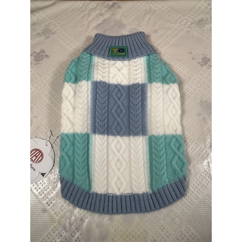 To A Turn Pullover Dog Sweater Blue/‎ White /green  Size SMALL (6/9 Pound )